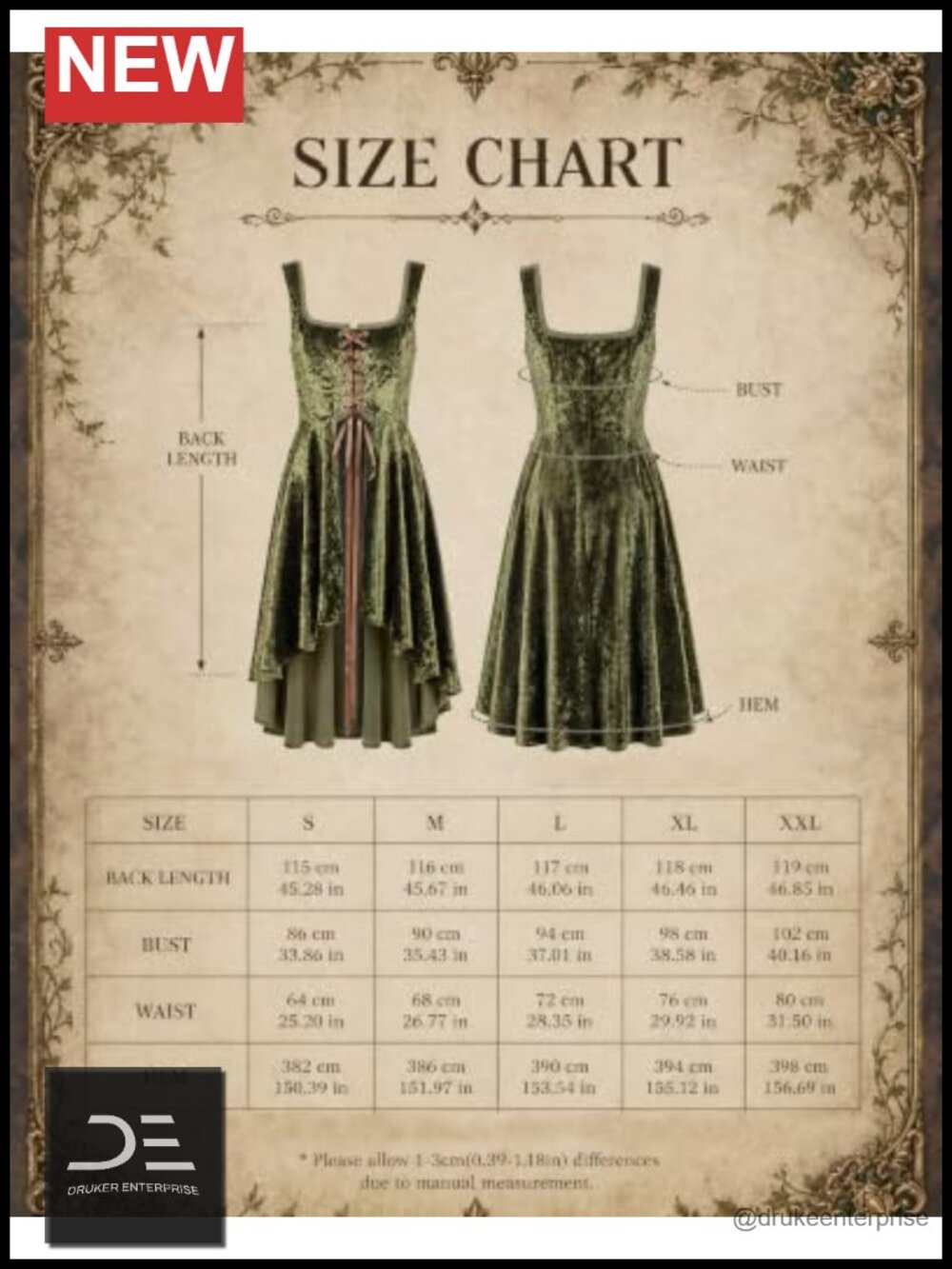 Velvet Lace-Up Renaissance Corset Overdress A-Line Fairy Costume - Picture 5 of 5